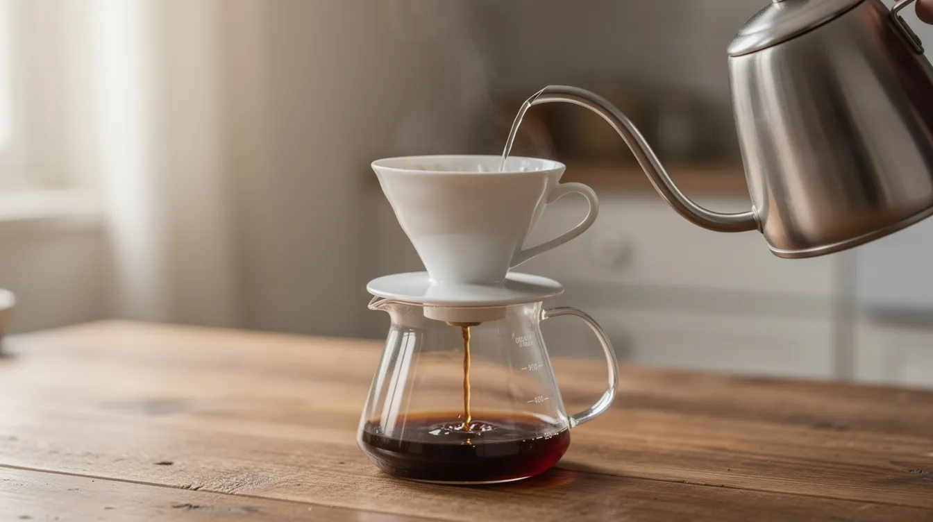 A ceramic pour over coffee dripper is positioned atop a glass server on a wooden table, with a gooseneck kettle nearby pouring hot water, illustrating the brewing process for delicious coffee. This setup is perfect for coffee drinkers who appreciate the art of pour over coffee, ensuring a flavorful cup every time.