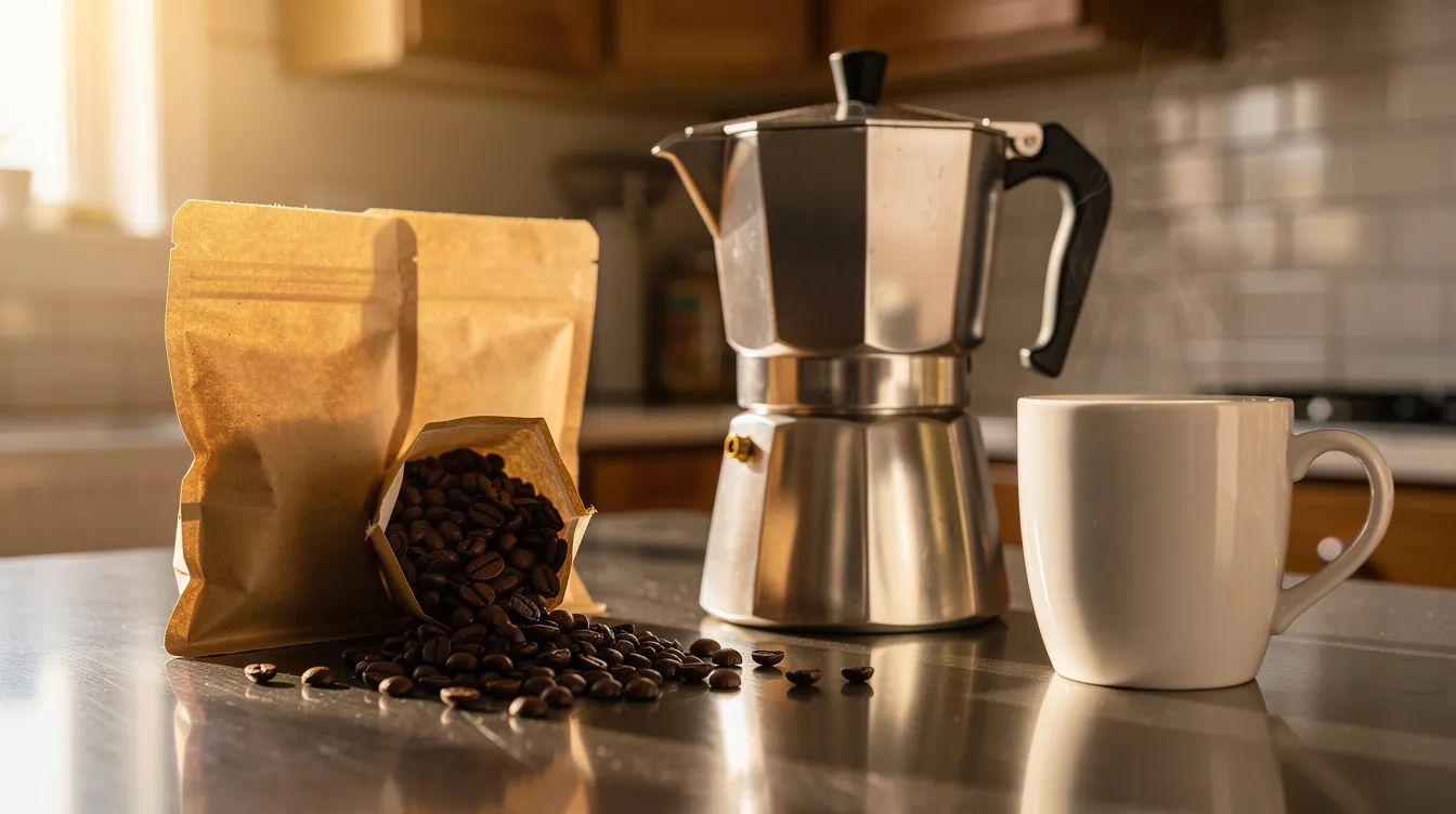 The image features a cozy kitchen counter showcasing a stainless steel coffee maker, ideal for brewing delicious coffee, alongside a bag of whole coffee beans and a ceramic mug, perfect for enjoying a hot cup of coffee. This setup highlights essential coffee gear for any coffee drinker’s morning routine.