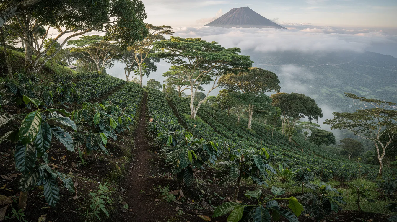 A vibrant coffee farm in Guatemala showcases neatly arranged rows of coffee plants thriving under the shade of taller trees on a volcanic hillside. This lush landscape highlights the rich volcanic soil that contributes to the unique flavors of Guatemalan coffee beans, known for their chocolate and caramel notes.