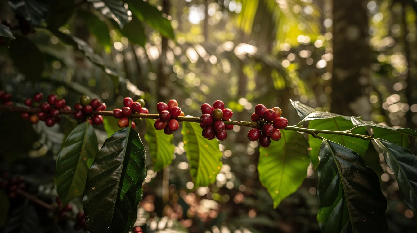 The image shows vibrant coffee cherries growing on a branch, nestled beneath a lush forest canopy with dappled sunlight filtering through the leaves. This scene highlights the beauty of sustainable farming methods and the importance of ethical sourcing in the coffee industry.