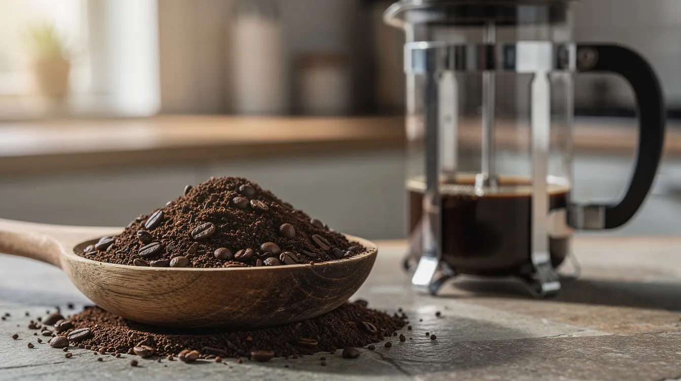 A close-up photograph shows a wooden spoon filled with coarsely ground coffee, positioned next to a French press on a kitchen counter. This image highlights the texture of the coffee grind, which is essential for brewing methods like French press coffee, emphasizing the importance of grind size for achieving a delicious cup.