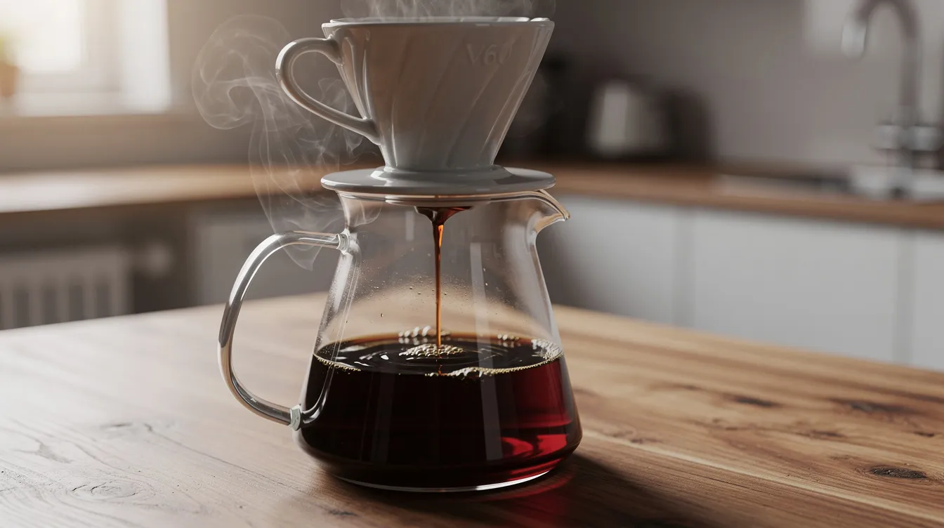 A ceramic V60 dripper sits on a wooden kitchen counter, with rich coffee dripping into a glass carafe, and steam rising into the air. This scene captures the essence of brewing specialty coffee, highlighting the intricate process that brings out the unique flavors of Ethiopian and Kenyan coffees.