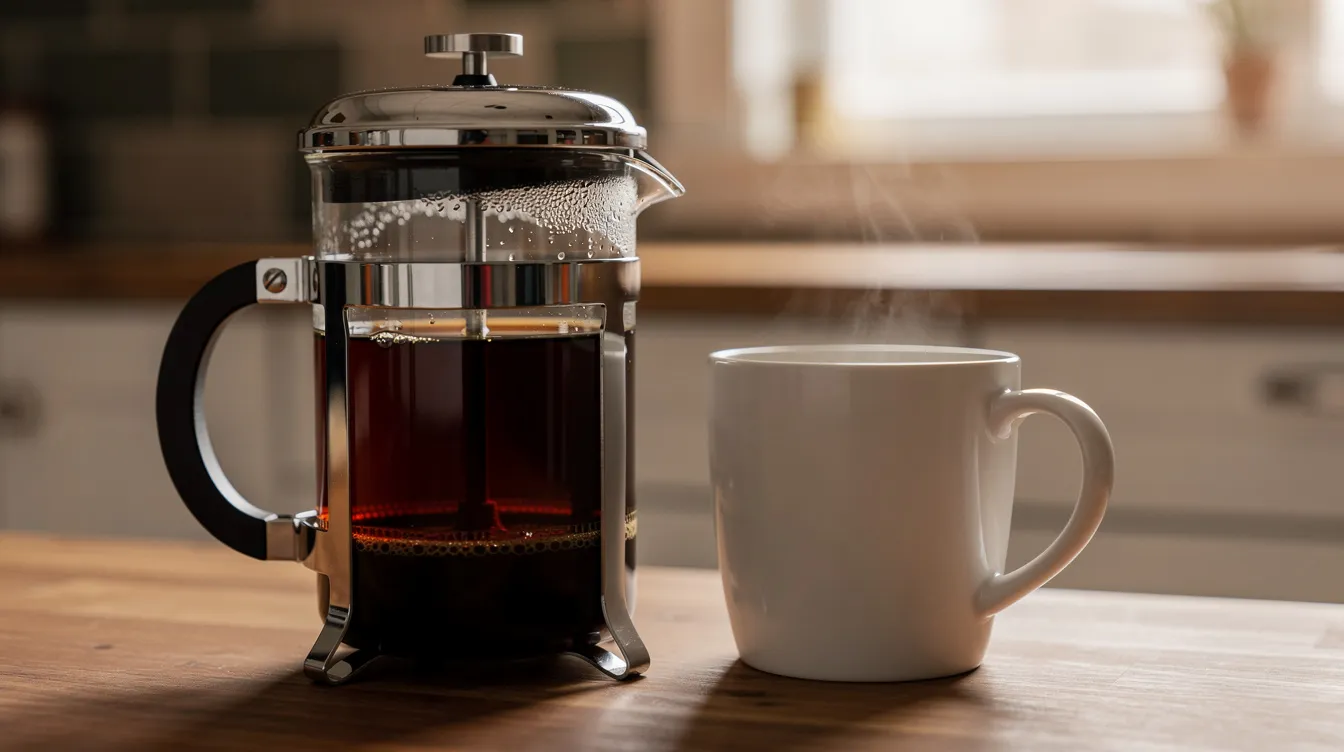 A French press filled with dark roast coffee sits on a wooden kitchen counter next to a ceramic mug, highlighting the rich, bold flavor of the brew. The scene suggests a cozy coffee moment, perfect for enthusiasts who appreciate quality dark roast coffee.