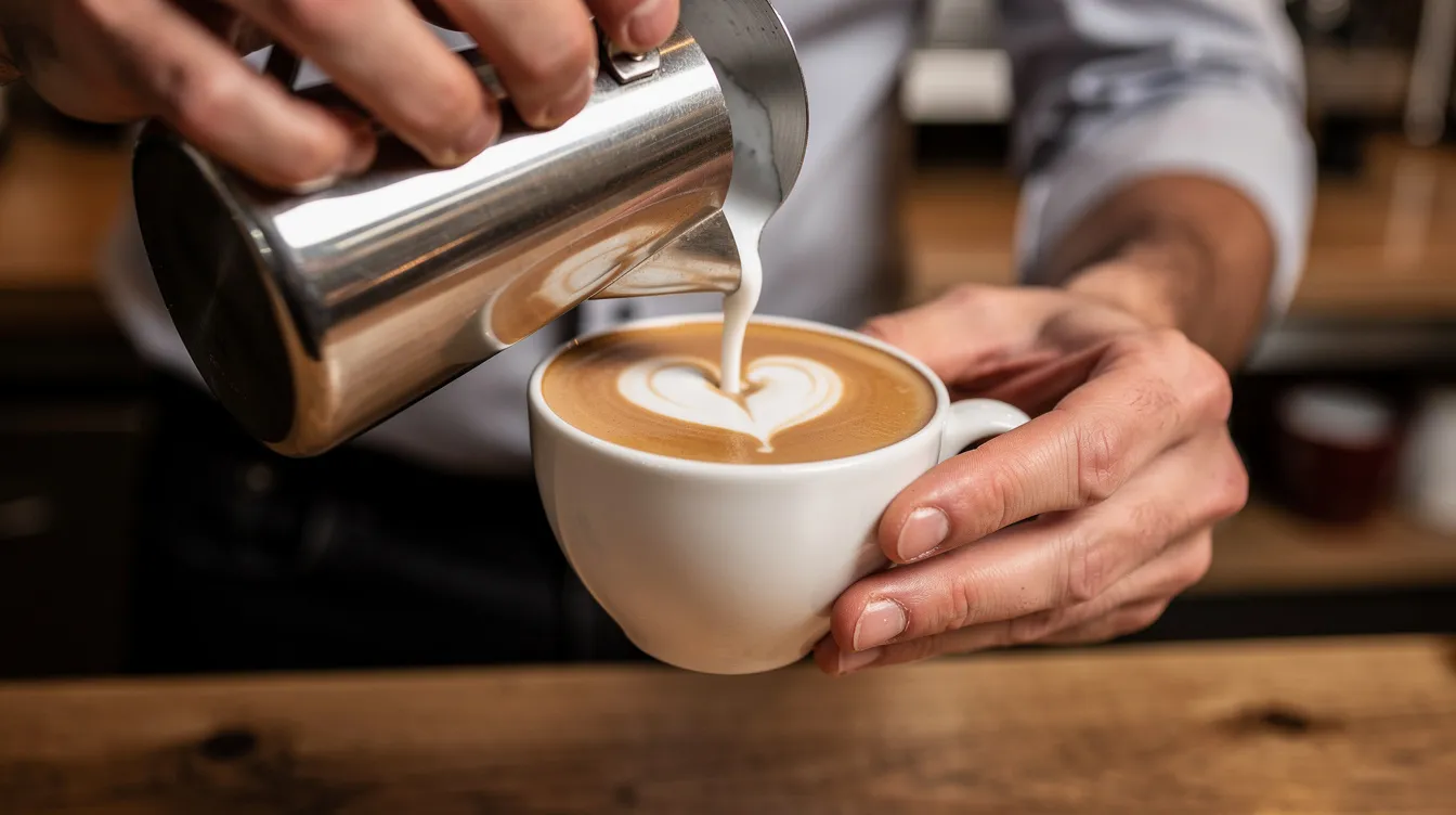A close-up image shows a person skillfully pouring velvety microfoam milk into an espresso cup, forming a beautiful heart pattern for latte art. The rich, frothy texture of the milk highlights the artistry involved in creating a perfect latte, often enhanced by using the best milk frothers.