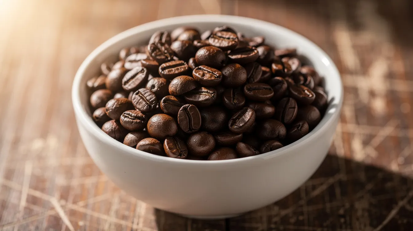 A close-up view of dark roasted whole coffee beans displayed in a ceramic bowl, resting on a wooden surface. These Guatemalan coffee beans, known for their bold flavors and chocolate and caramel notes, showcase the rich character of coffee grown in the highland regions of Guatemala.