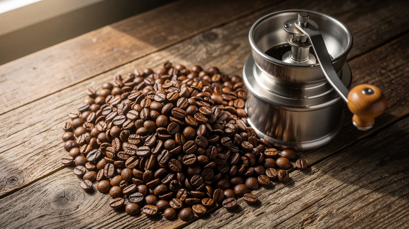 The image features fresh whole coffee beans next to a manual burr grinder, all placed on a rustic wooden surface, highlighting the essentials for coffee enthusiasts who appreciate quality grinding for their espresso. This setup suggests a focus on manual espresso making, perfect for those who enjoy crafting their coffee experience.