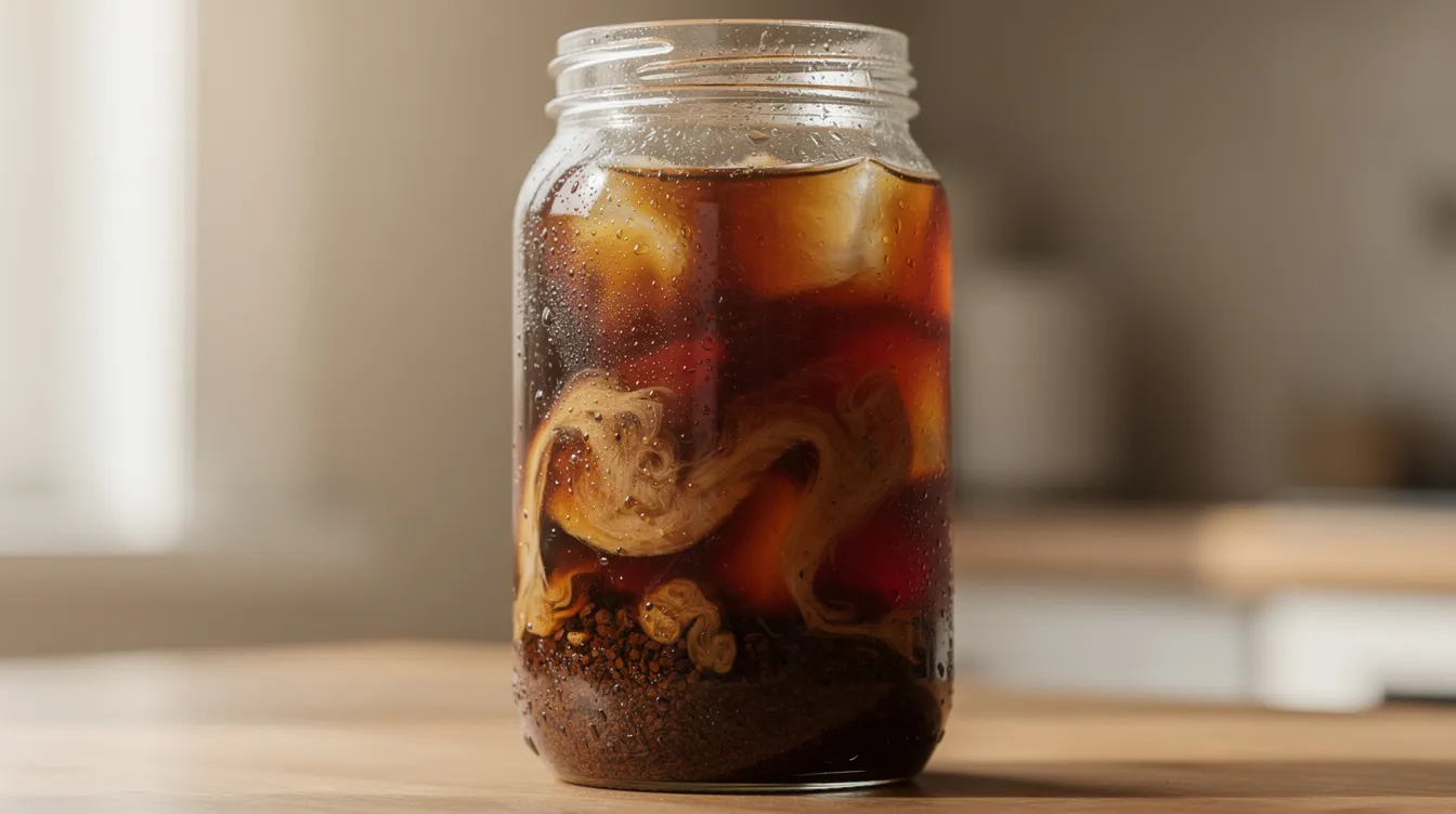 A glass jar filled with cold brew coffee showcases coarse coffee grounds steeping inside, highlighting the rich flavor and dark color of the concentrated coffee. This image evokes the essence of iced coffee, perfect for coffee lovers seeking a refreshing drink.