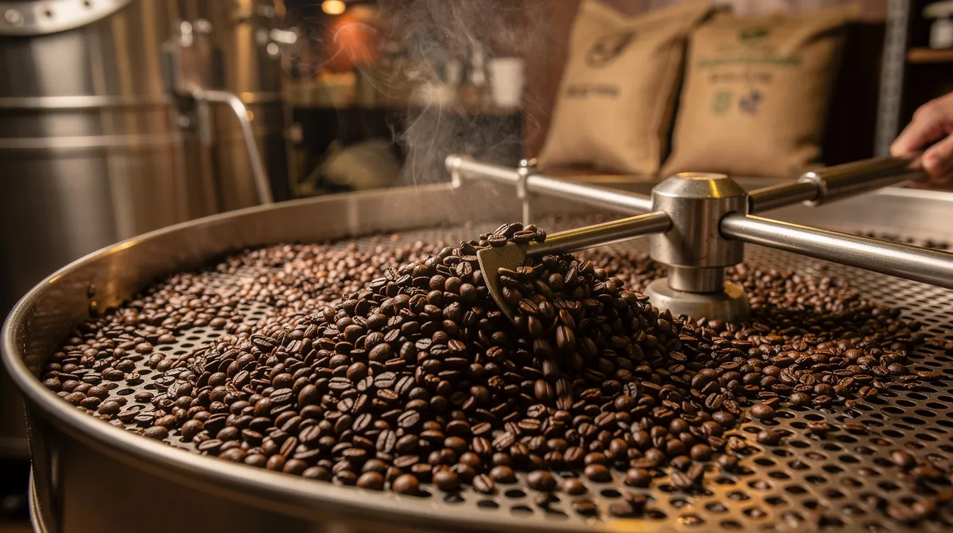 Freshly roasted coffee beans are spread out on a cooling tray in a small-batch roastery, showcasing their rich, dark color and glossy surface. This scene is a delight for coffee lovers, highlighting the artisanal process behind great coffee and the dedication of independent roasters.