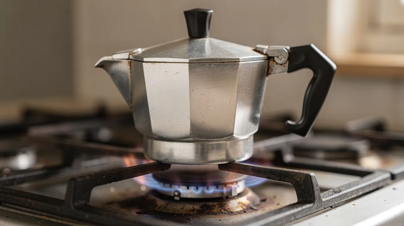 A classic octagonal aluminum moka pot, commonly used for making moka coffee, is placed on a gas stovetop burner with a small flame underneath, indicating the brewing process is underway. The pot is designed to brew rich espresso-like coffee, showcasing the traditional method of stovetop coffee makers.