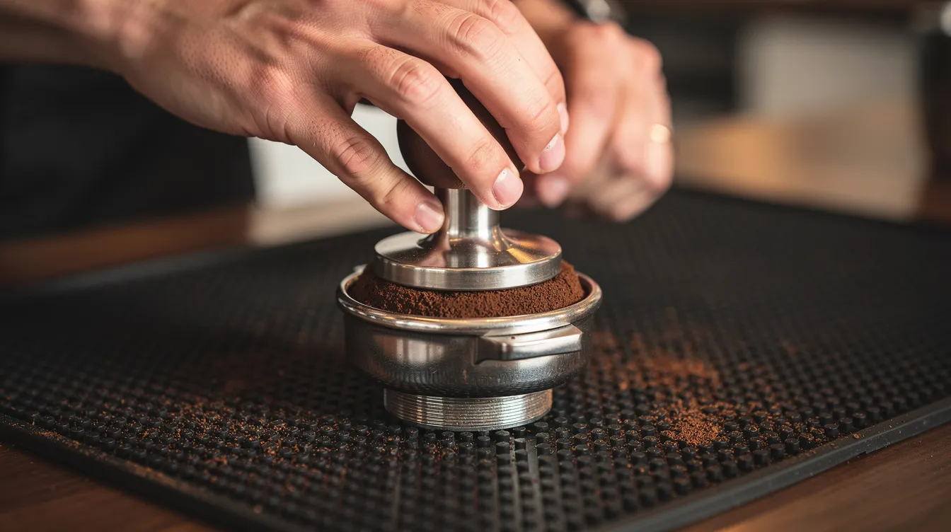 A close-up view of hands firmly pressing a tamper into a portafilter filled with finely ground coffee, resting on a silicone tamping mat. This image highlights essential espresso accessories for home baristas, showcasing the precision and care involved in preparing the perfect shot of espresso.