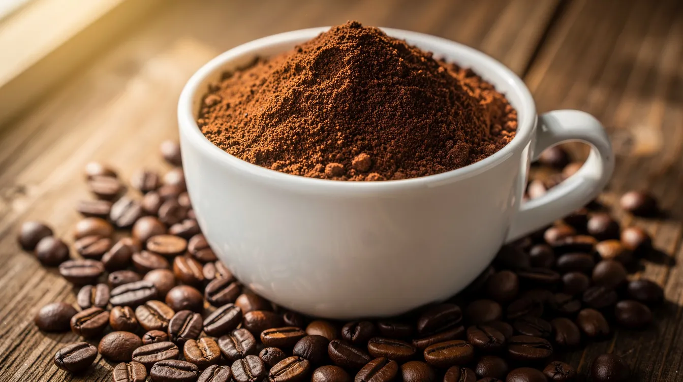 A close-up photograph features evenly ground coffee in a ceramic cup, surrounded by whole coffee beans on a wooden surface, emphasizing the importance of grind consistency for brewing methods like pour over. The image highlights the quality of the grind, appealing to serious coffee enthusiasts and lovers of specialty coffee.