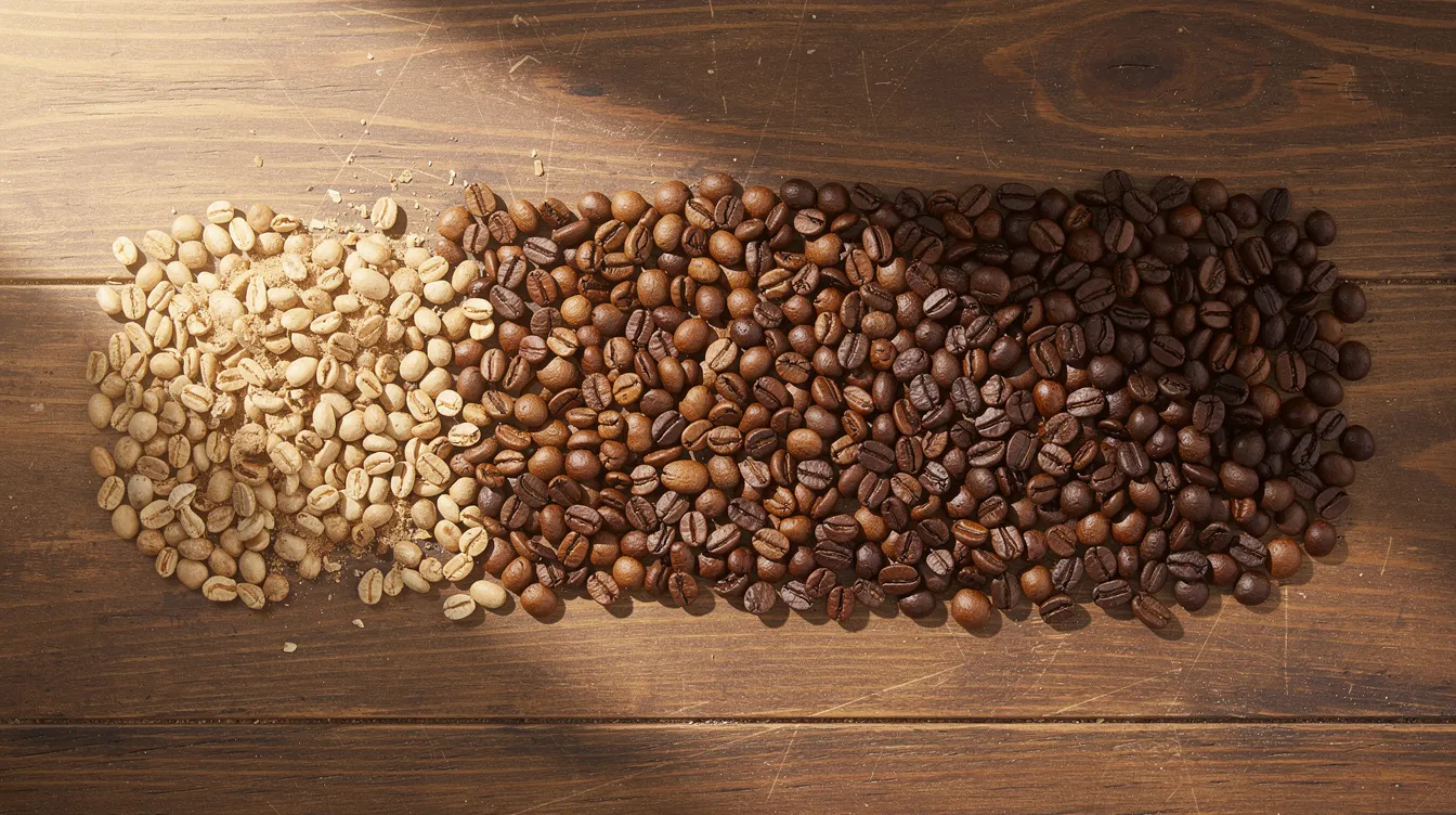The image features an assortment of coffee beans ranging from light to dark roast, beautifully spread across a rustic wooden table. This visual highlights the diversity of coffee production, showcasing both organic and conventional coffee varieties, which play a significant role in sustainable development and fair trade practices.