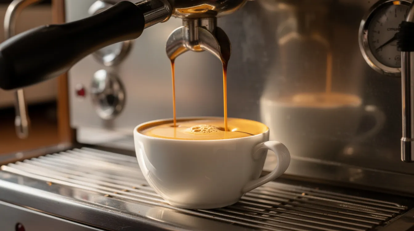 A double shot of rich espresso is being pulled into a small white ceramic cup on an espresso machine, showcasing the brewing method that coffee lovers appreciate for its bold flavors. The dark liquid contrasts beautifully with the cup, inviting those who enjoy specialty coffee and single origin coffees to savor its deep and balanced taste.