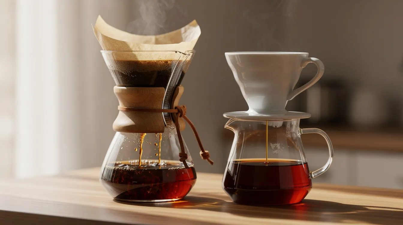 The image features two pour-over coffee brewers side by side: a Chemex with a wooden collar on the left and a ceramic V60 dripper on a glass server on the right, both mid-brew with steam rising, showcasing the brewing process of freshly brewed coffee. This comparison highlights the unique designs of manual coffee makers favored by coffee enthusiasts.