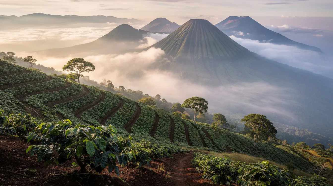 A terraced coffee farm sprawls across a volcanic mountainside, with misty peaks rising in the background, showcasing the lush green coffee plants that thrive in Costa Rica's rich volcanic soil. This picturesque scene highlights the perfect environment for cultivating delicious Costa Rican coffee, known for its bright acidity and rich flavors.