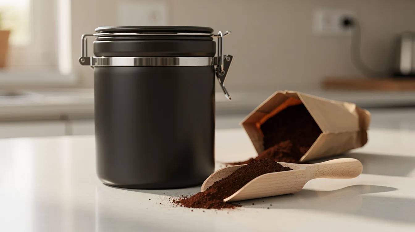 An opaque airtight coffee container sits on a kitchen counter beside an open vacuum sealed bag of ground coffee, with a wooden scoop resting nearby. This setup suggests a focus on maintaining the peak freshness of freshly roasted coffee for brewing, whether it be a strong cup of dark roast or a smooth medium roast.
