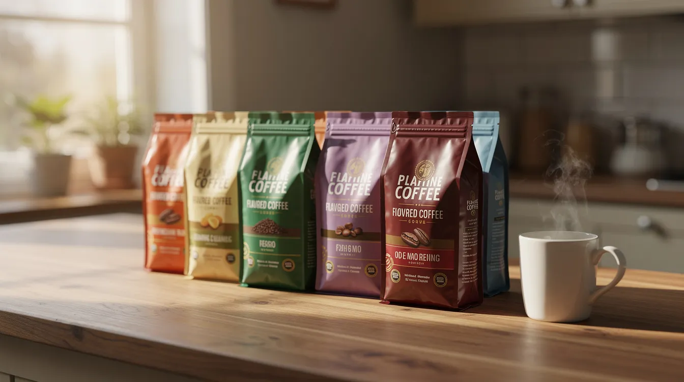 An assortment of bags of flavored coffee, including dark roast and medium roast options, is neatly arranged on a wooden kitchen counter beside a ceramic mug. The display showcases various specialty coffee blends, appealing to coffee lovers seeking the best flavored coffee for their brewing methods.