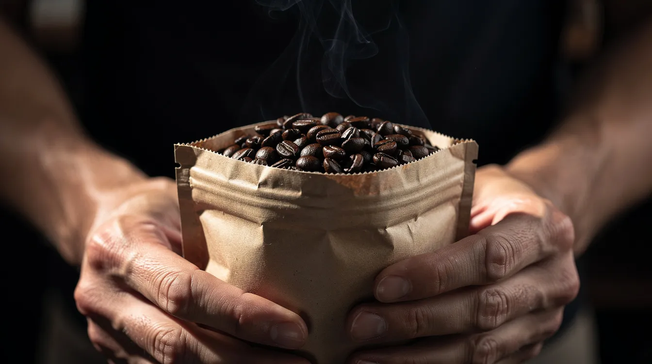 A pair of hands is holding a freshly opened bag of whole bean coffee, with steam rising from the contents, suggesting the delightful aroma of freshly roasted coffee. This scene captures the excitement of coffee lovers as they anticipate the flavors of high-quality, specialty coffee from their favorite coffee subscription service.