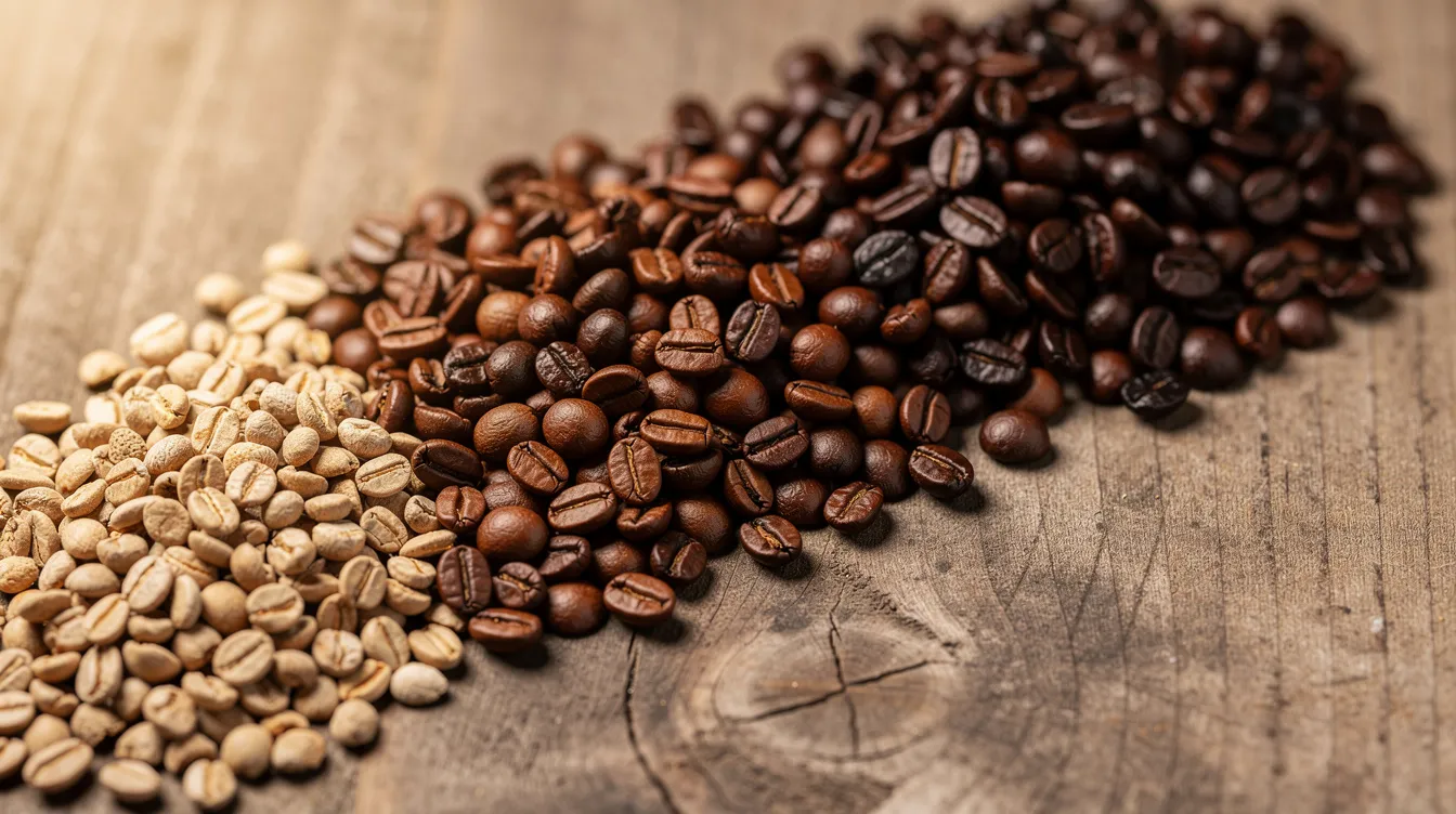 The image features several small piles of whole coffee beans, showcasing a range from light to dark roast, arranged neatly on a wooden surface. This visual highlights the variety of coffee beans that can be used to make pour over coffee, emphasizing the importance of grind size and coffee ratio in brewing.