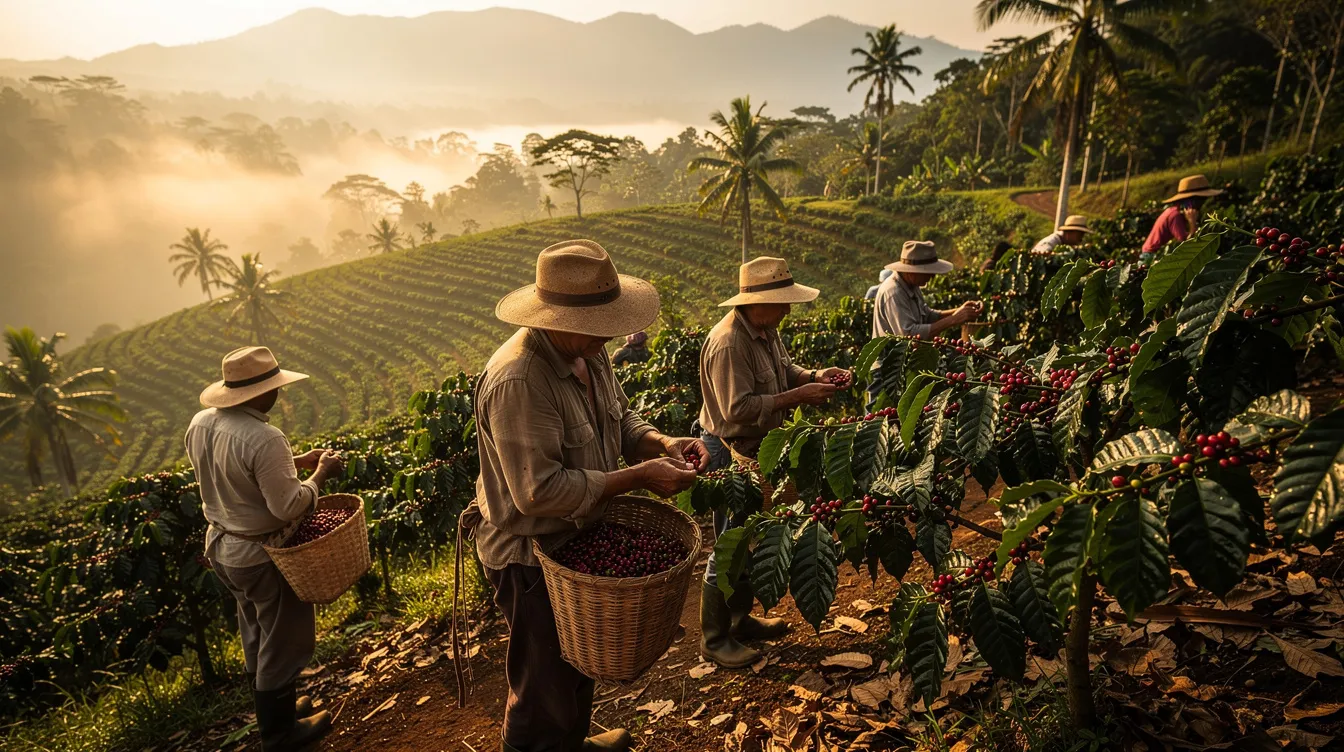 The image depicts coffee farmers harvesting ripe coffee beans on a hillside plantation, surrounded by lush tropical vegetation. This scene highlights the importance of sustainable coffee production and fair trade practices, as the farmers work to cultivate high-quality organic coffee in an environmentally friendly manner.