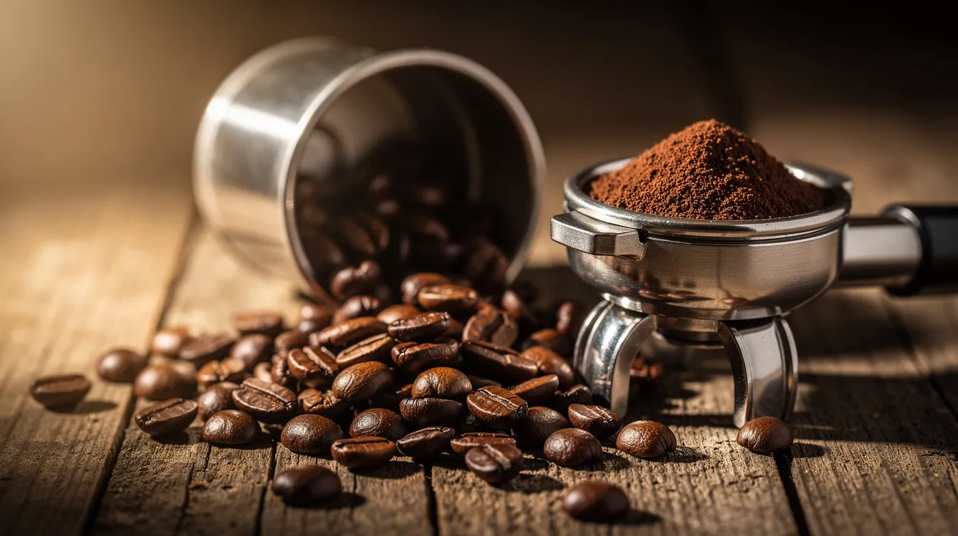 A close-up view of dark roasted coffee beans spilling from a small container onto a wooden surface, next to a portafilter, highlighting the essential elements of espresso making with a home espresso machine like the Breville Barista Express or Barista Pro. The rich texture of the beans and the polished portafilter create an inviting scene for coffee enthusiasts.