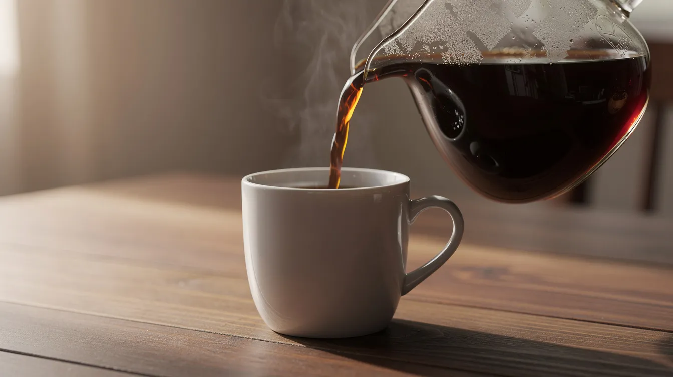 A glass carafe is tilted as hot coffee is being poured into a white ceramic mug placed on a wooden table, showcasing the brewing process of delicious coffee. The scene captures the essence of enjoying a flavorful cup of coffee, perfect for any coffee drinker.