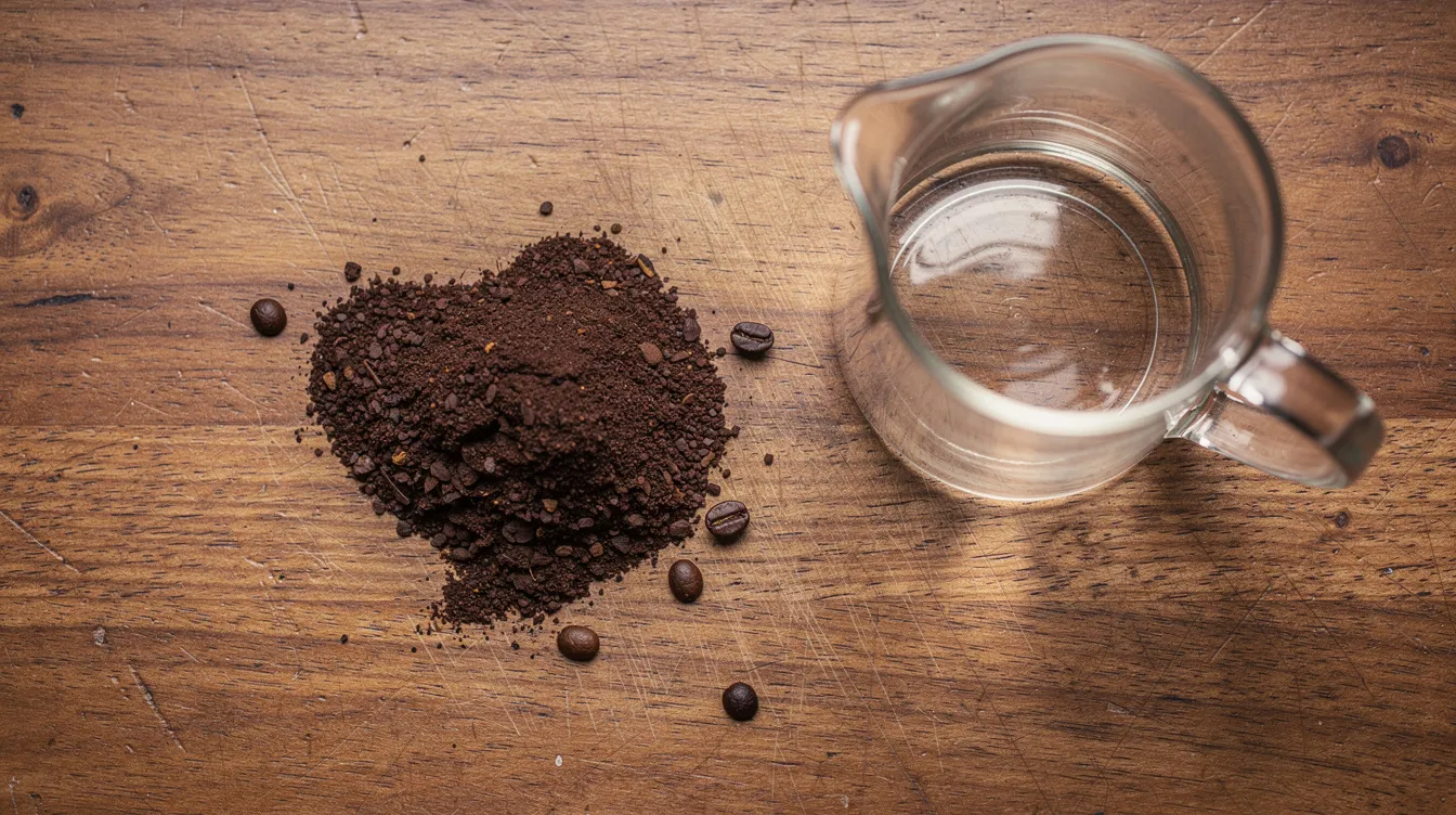 An overhead view showcases coarsely ground dark coffee beans beside a glass pitcher on a wooden countertop, ideal for making cold brew coffee. The scene highlights the brewing process, emphasizing the rich texture of the coffee grounds and the elegant glass carafe ready for cold brew concentrate preparation.