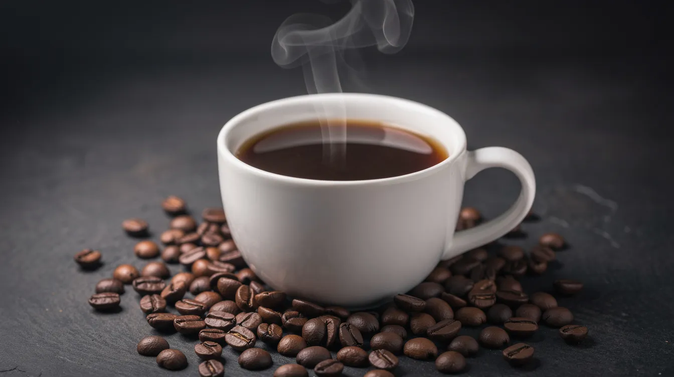A steaming cup of freshly brewed black coffee sits on a dark surface, surrounded by scattered coffee beans, showcasing the rich aroma and flavor of high-quality, organic coffee. This image evokes the essence of specialty coffee, perfect for those seeking a delicious drink without the harshness of high acidity.
