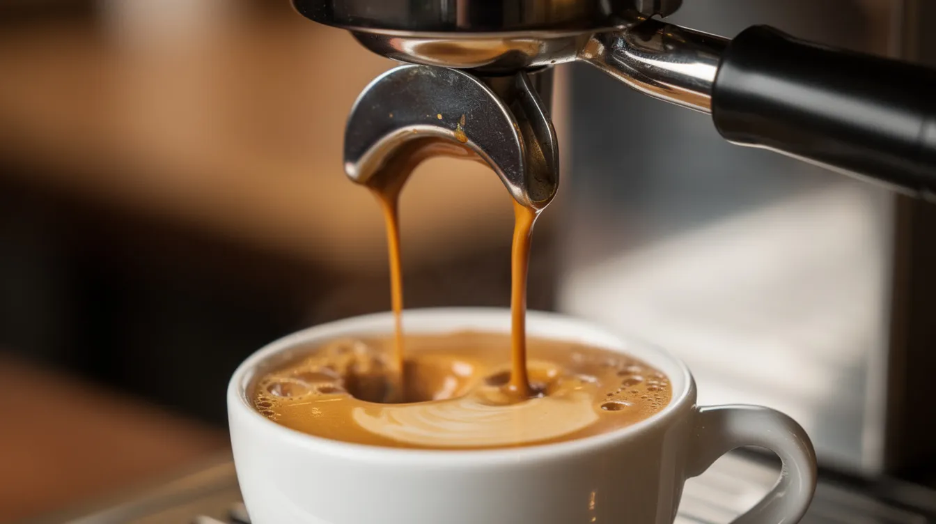 A close-up view captures rich espresso flowing from a bottomless portafilter into a ceramic cup, showcasing the beautiful crema atop the shot, indicative of a well-executed brew. This image highlights the artistry and precision involved in using home espresso machines for creating the best coffee drinks.