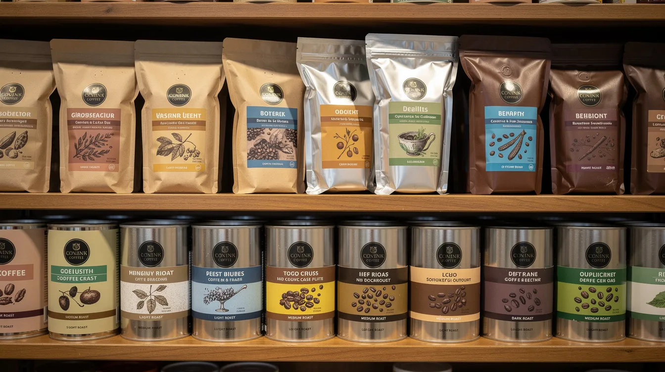 The image features a variety of coffee bags and cans displayed on a wooden grocery shelf, showcasing different roast colors, including light and dark roasts. The packaging reflects several specialty coffee brands, appealing to coffee drinkers looking for freshly roasted options from well-known names like Starbucks and Peet's Coffee.