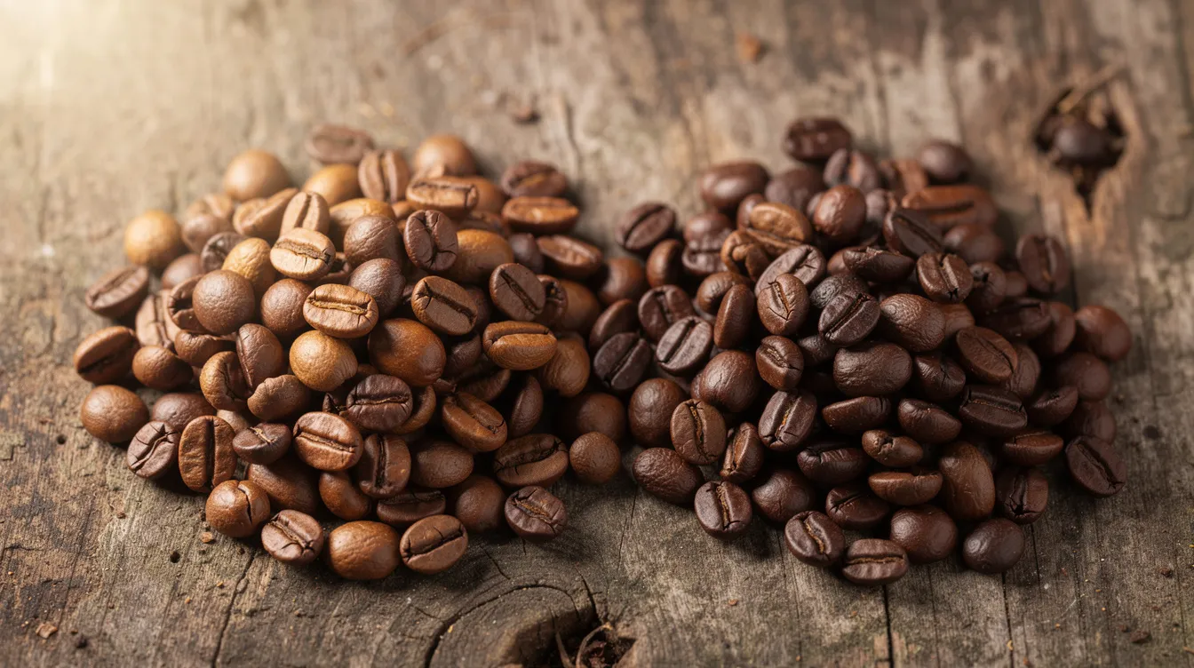 A close-up view of two distinct piles of roasted coffee beans rests on a rustic wooden surface, showcasing one pile with a medium dark roast and the other slightly darker. This image highlights the variety in coffee beans, appealing to coffee enthusiasts who appreciate the different flavor profiles that Colombian and Guatemalan coffees can offer.