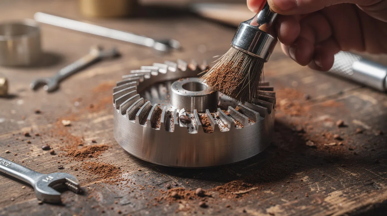 A close-up image shows stainless steel coffee grinder burrs being meticulously cleaned with a brush on a workshop bench, highlighting the precision and care involved in maintaining commercial coffee equipment. This scene reflects the passion and expertise required in the coffee shop industry to ensure consistent quality for customers.