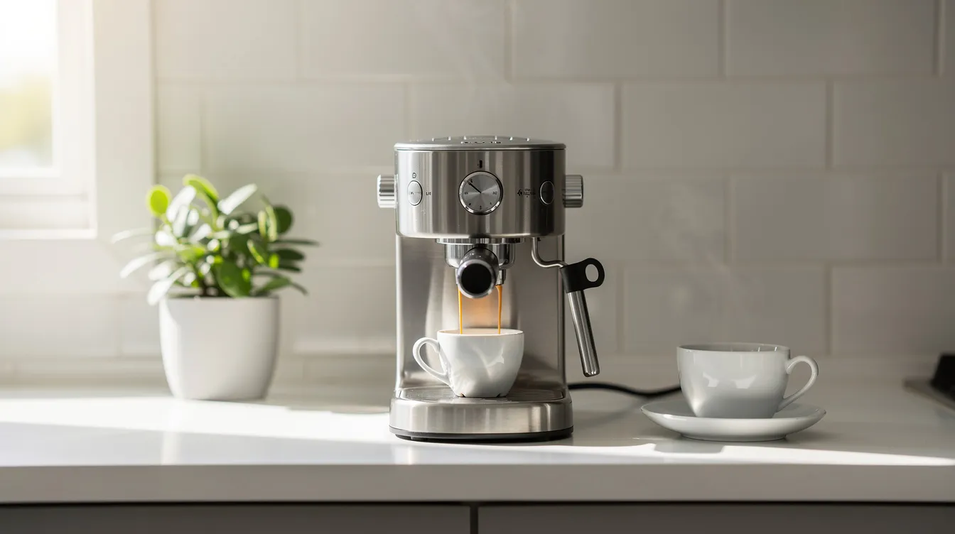 A compact espresso machine sits on a narrow kitchen counter, accompanied by a small plant and a ceramic cup, showcasing the ideal setup for home espresso enthusiasts. This setup highlights the convenience of automatic espresso machines for brewing exceptional espresso at home.