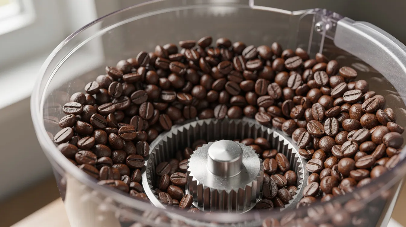 A close-up view of coffee beans situated in a grinder hopper, showcasing the burr mechanism below, which is essential for achieving the perfect grind in super automatic espresso machines. This image highlights the importance of fresh coffee beans for creating high-quality espresso and other coffee drinks.