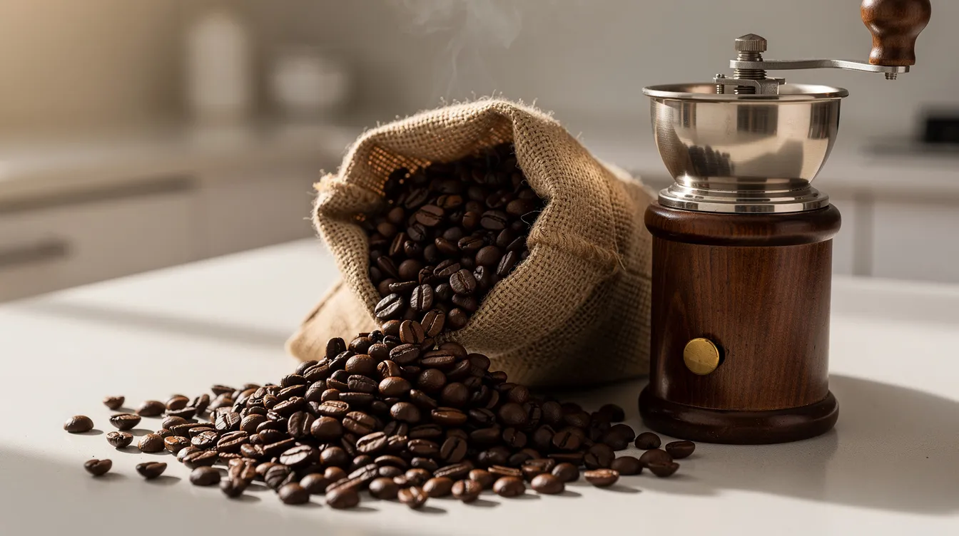 A burlap bag spills whole dark-roasted coffee beans onto a kitchen counter, next to a manual burr grinder, ready for the brewing process. This setup is ideal for coffee drinkers who appreciate the rich flavors of freshly ground coffee for their favorite coffee percolator or other brewing methods.