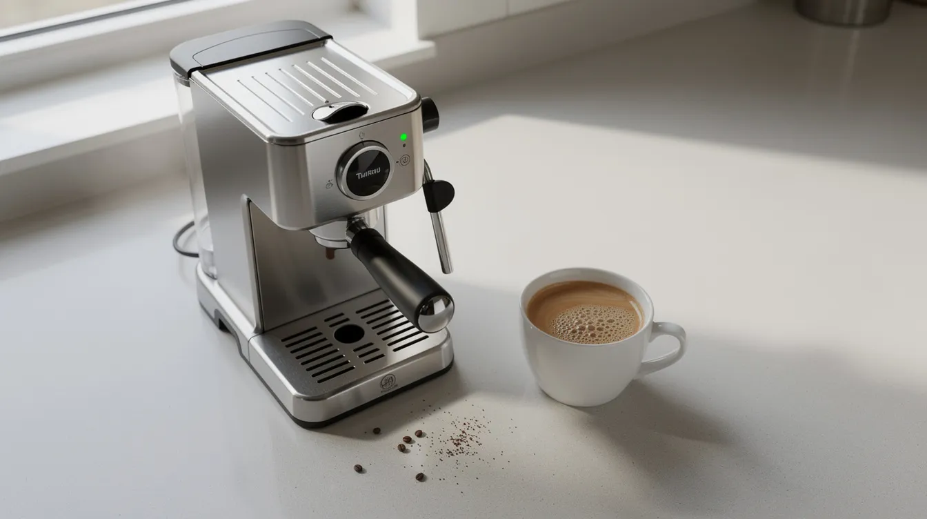 An overhead view showcases a compact espresso machine on a pristine kitchen counter, accompanied by a white espresso cup topped with rich crema. This setup highlights the convenience of home espresso machines, perfect for beginners looking to enjoy quality espresso drinks.