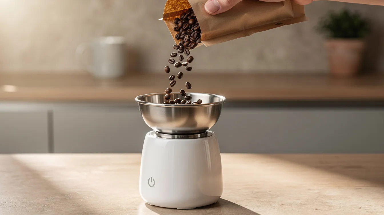 A hand is pouring whole coffee beans from a bag into a ceramic burr grinder placed on a kitchen counter, ready to produce freshly ground coffee for brewing. The scene highlights the brewing process, emphasizing the importance of using quality coffee beans for a great tasting coffee.