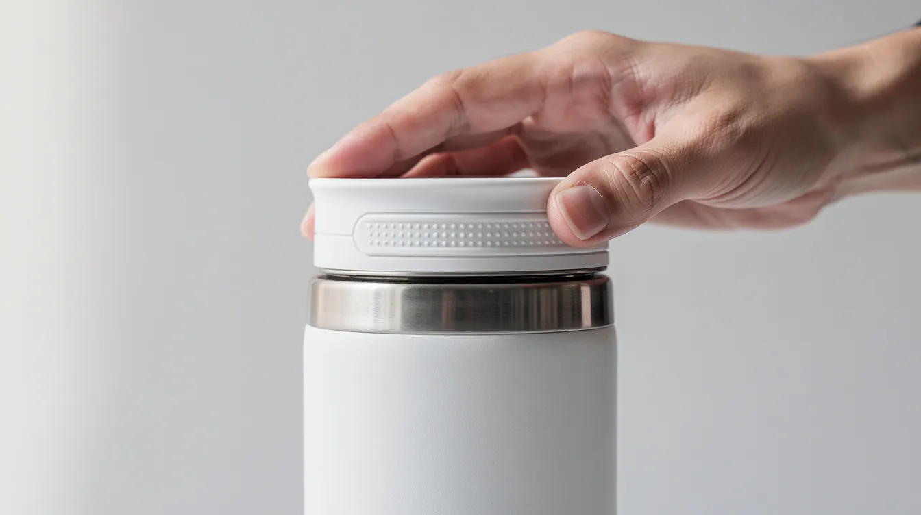 A close-up image shows a hand twisting the lid of a matte white stainless steel vacuum coffee canister, designed to keep coffee beans fresh by creating an airtight environment. The sleek canister features a reliable seal that preserves flavor and freshness, making it an ideal choice for coffee aficionados.
