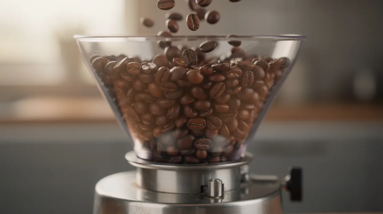 A close-up view captures whole coffee beans cascading into the hopper of a conical burr coffee grinder, highlighting the precision of the grinding process essential for achieving a consistent grind quality. This image emphasizes the importance of using a quality burr grinder for coffee lovers seeking the best coffee grinder under 200 for optimal brewing methods.
