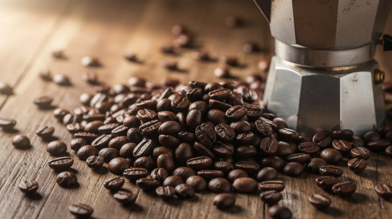 A close-up view of dark roasted whole coffee beans scattered on a wooden surface, accompanied by a small aluminum stovetop espresso maker, commonly known as a moka pot. This image highlights the essential elements for moka pot coffee preparation, showcasing the rich texture and color of the coffee beans that are perfect for creating concentrated brews.