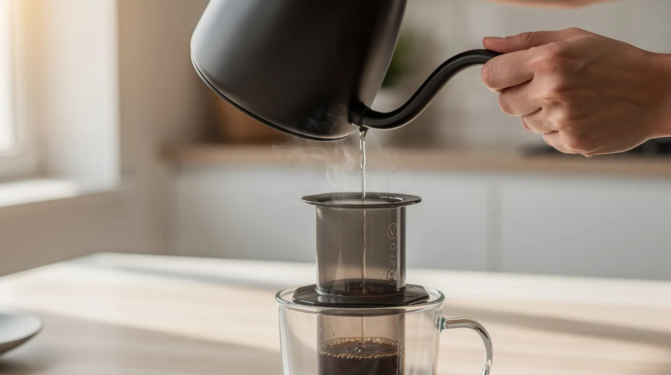 An individual is pouring hot water from a gooseneck kettle into an AeroPress coffee maker placed on a kitchen counter, preparing to brew a delicious cup of coffee using freshly roasted beans. The scene captures the essence of the coffee brewing process, highlighting the importance of water temperature and grind size for a perfect cup.