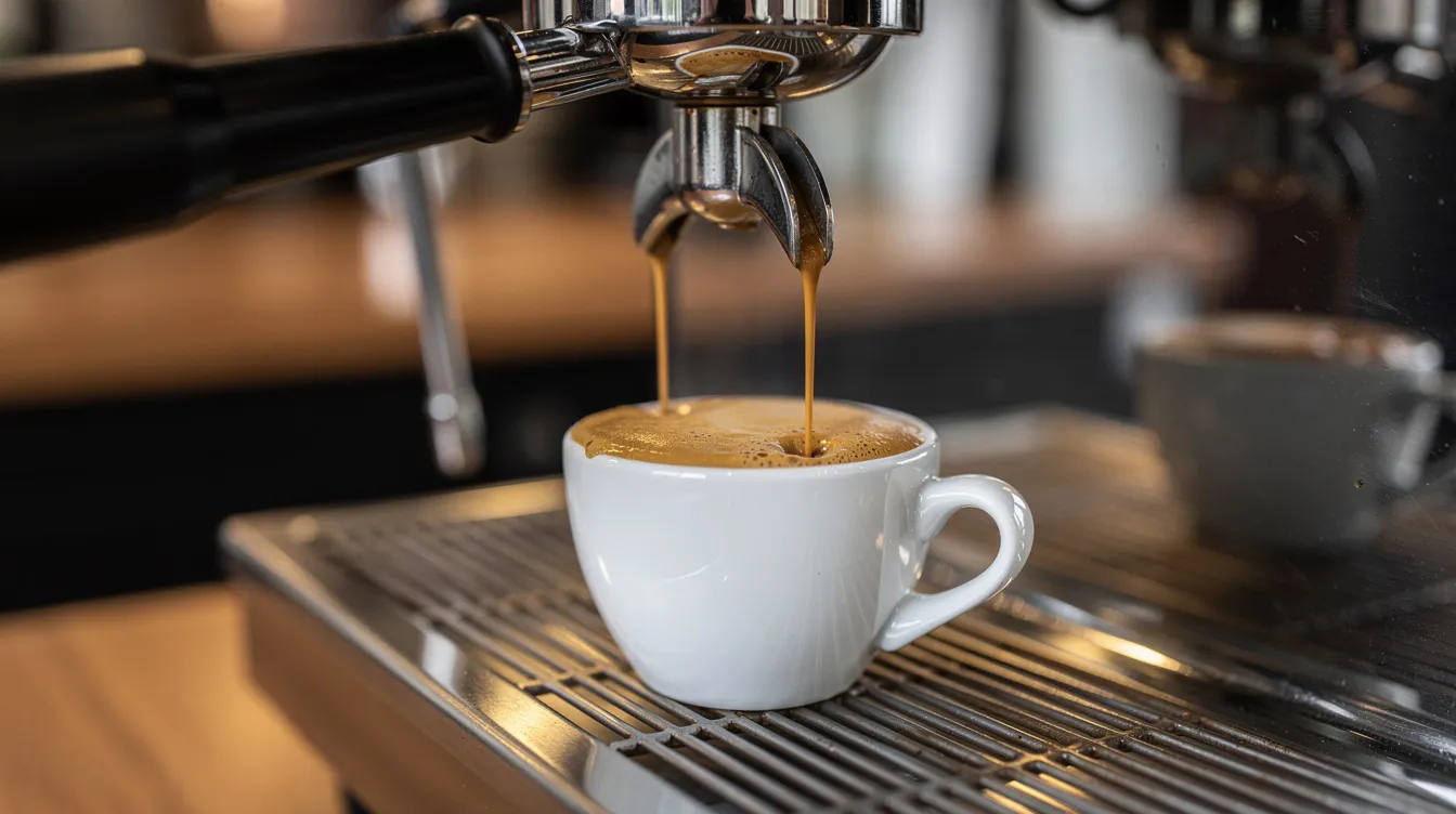 An espresso shot is being pulled from a manual espresso machine, showcasing a rich layer of golden crema on the surface. This image highlights the brewing process that espresso enthusiasts appreciate for its quality and flavor.