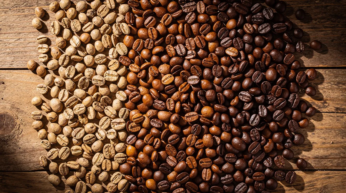 An assortment of coffee beans in light, medium, and dark roast levels is spread across a wooden surface, showcasing the variety of flavors and roast profiles available for coffee drinkers. The different shades of the beans highlight the roasting process, which influences their taste, from the bright acidity of light roasts to the rich, smoky flavor of dark roasts.