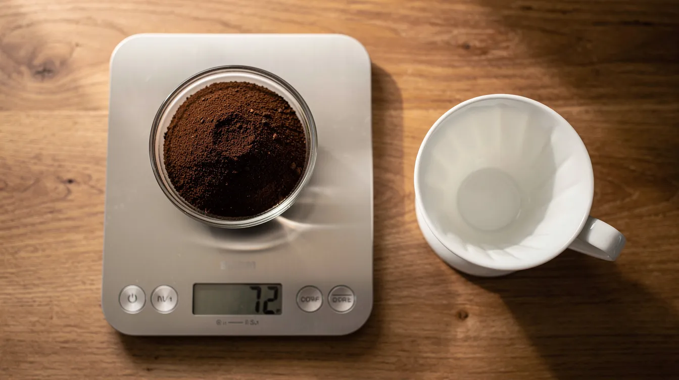 An overhead view of a kitchen scale displays a bowl filled with ground coffee next to a ceramic pour-over dripper, all resting on a wooden countertop. This setup is ideal for measuring coffee grounds accurately, ensuring the perfect coffee-to-water ratio for a balanced cup of coffee.