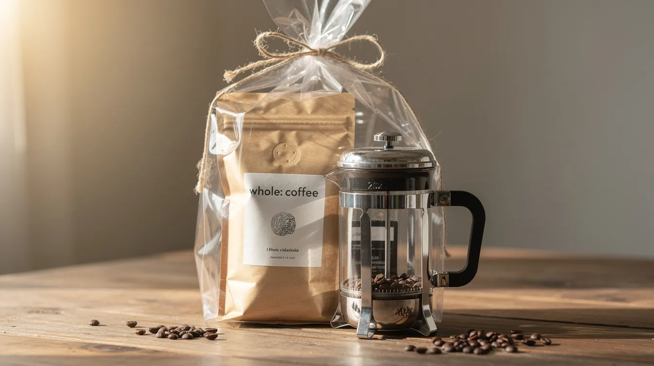 The image features a beautifully wrapped coffee gift set on a table, showcasing a bag of whole bean coffee alongside a compact French press, perfect for any coffee drinker looking to explore different brewing methods. This thoughtful arrangement highlights the joy of brewing with good quality beans, ideal for beginners or as a delightful gift.