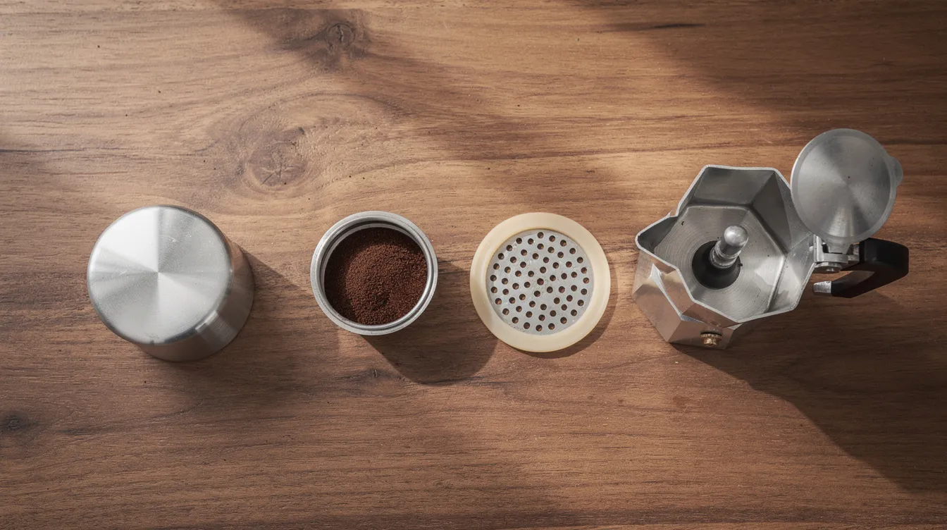 A flat lay displays the disassembled parts of a moka pot on a wooden table, including the bottom chamber, filter basket filled with medium fine grind coffee, rubber gasket, metal filter screen, and upper chamber, ready for brewing delicious coffee. This arrangement highlights the essential components needed to use a moka pot for making a rich cup of coffee.