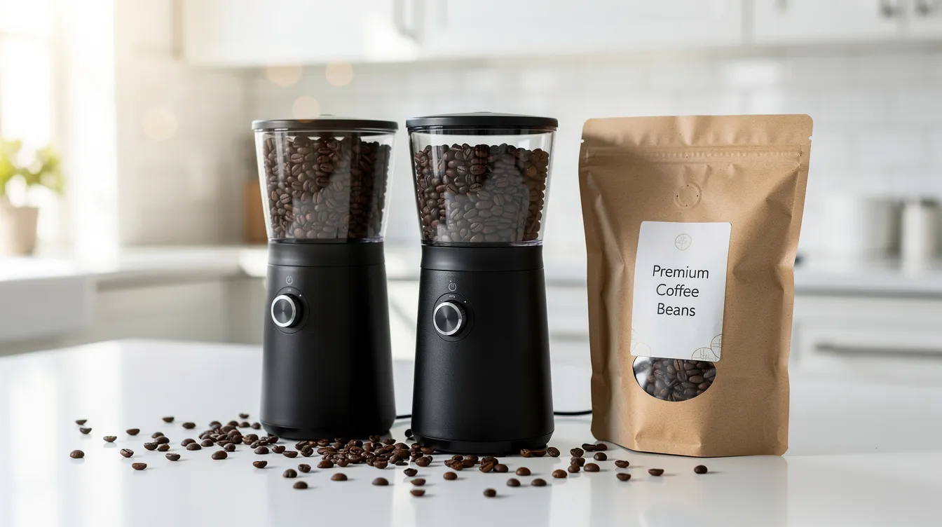 The image features two compact coffee grinders, the Baratza Encore and the Encore ESP, positioned side by side on a pristine white kitchen countertop, accompanied by a bag of whole coffee beans. These grinders are ideal for home brewers, offering various grind settings for espresso, filter coffee, and more.