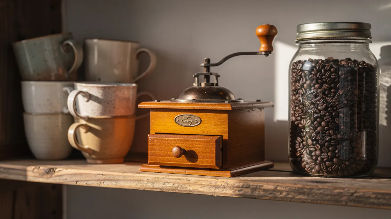 A vintage-style wooden box coffee grinder is displayed on a kitchen shelf, accompanied by ceramic mugs and a glass jar filled with whole coffee beans. This charming manual coffee grinder is perfect for coffee lovers who appreciate the art of hand grinding to achieve exceptional grind consistency for their favorite brewing methods.