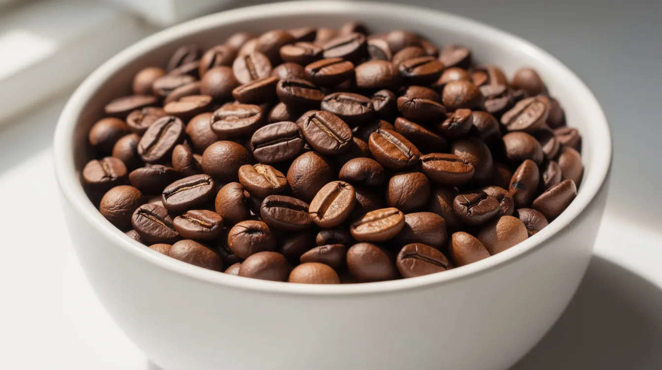 A close-up view of medium-brown coffee beans nestled in a ceramic bowl showcases the exceptional quality of Jamaican Blue Mountain coffee, known for its rich aroma and smooth flavor. The image highlights the beans' glossy surface, indicating their freshness and the meticulous coffee production process from the Jamaica Blue Mountains.
