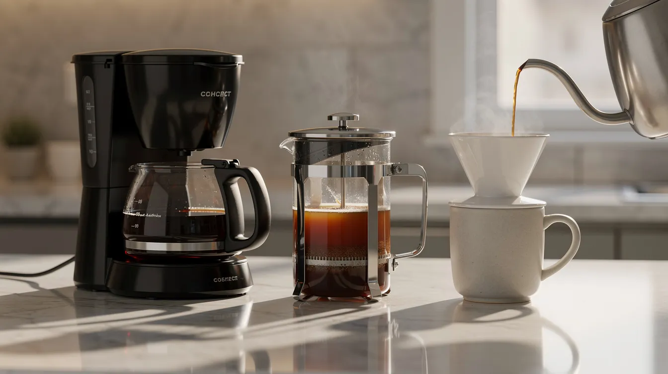 The image features a kitchen counter showcasing a drip coffee maker, a French press, and a pour-over dripper neatly arranged side by side, highlighting various coffee brewing methods. This setup invites coffee lovers to explore different brewing techniques and enjoy the rich flavors of dark roast coffees and finely ground coffee.